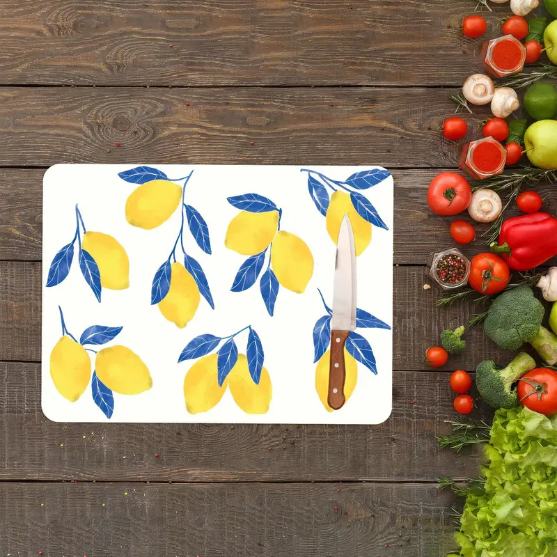 Lemon Pattern Glass Cutting Board with Blue Leaves Design