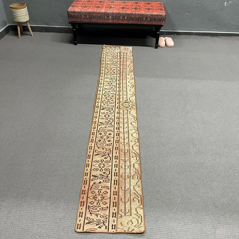 1.3x8.2 ft Vintage Turkish Rug, Runner Rug, Oushak Brown Wool Rug - 1