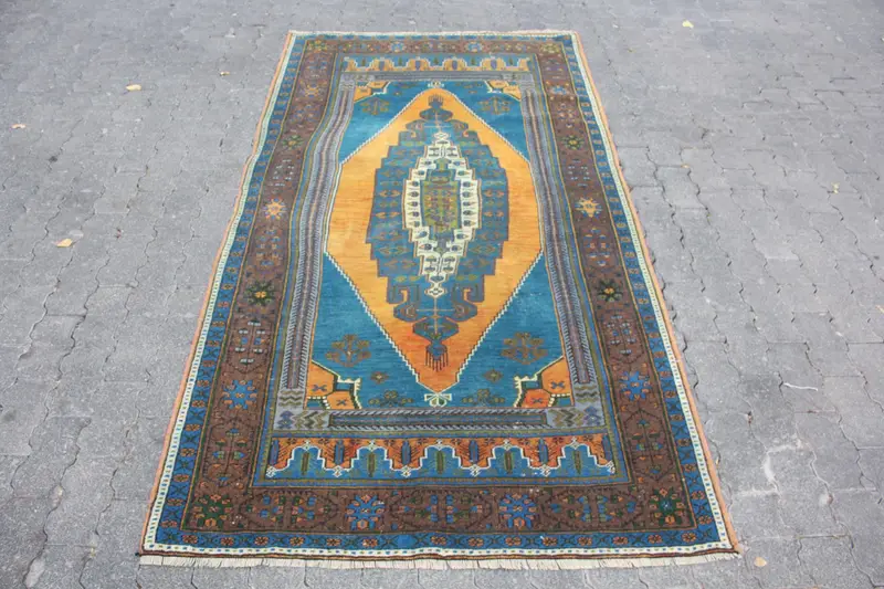 Vintage Alan Halısı 3,9x7,4 ft, Türk Oushak Mavisi Patchwork Yün Halı - 1
