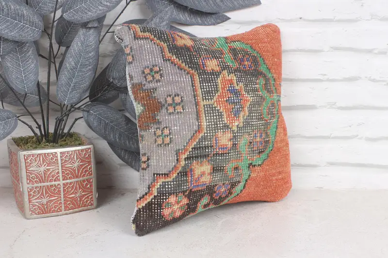 Ethnic Cushion, 12x12 Orange Cushion, Cushion Cover, Vintage Cushion Case, Gift Pillow, Outdoor Throw Pillow, Throw Kilim Pillow, Kilim Cushion Sham - 4