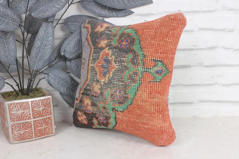 Ethnic Cushion, 12x12 Orange Cushion, Cushion Cover, Vintage Cushion Case, Gift Pillow, Outdoor Throw Pillow, Throw Kilim Pillow, Kilim Cushion Sham - 3