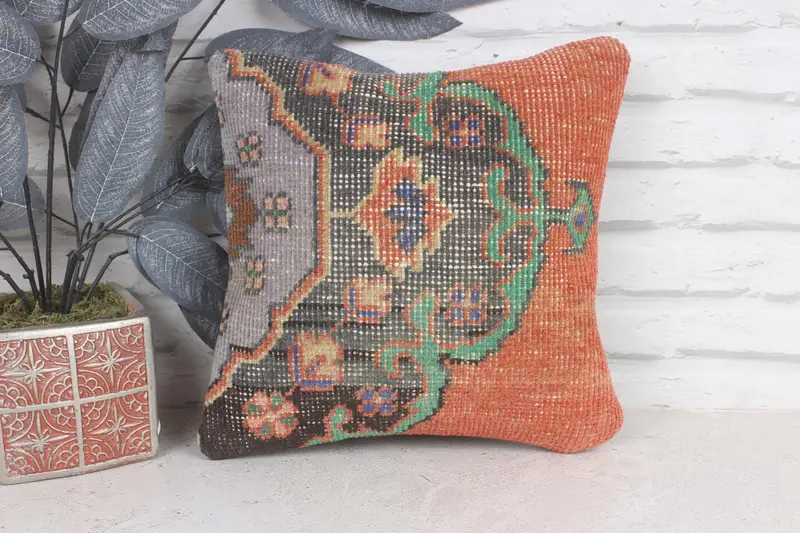 Ethnic Cushion, 12x12 Orange Cushion, Cushion Cover, Vintage Cushion Case, Gift Pillow, Outdoor Throw Pillow, Throw Kilim Pillow, Kilim Cushion Sham - 1