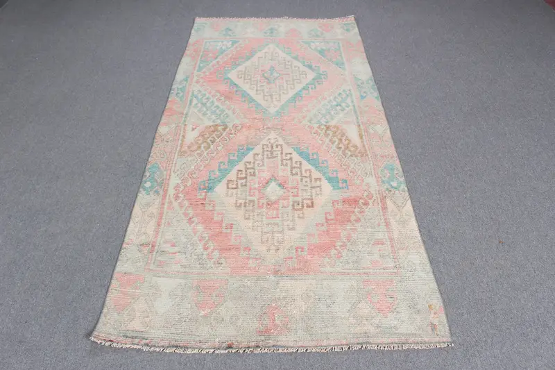 Vintage Rug, 3.5x7.5 ft Turkish Rug, Pink Blue Striped Wool Rug - 1