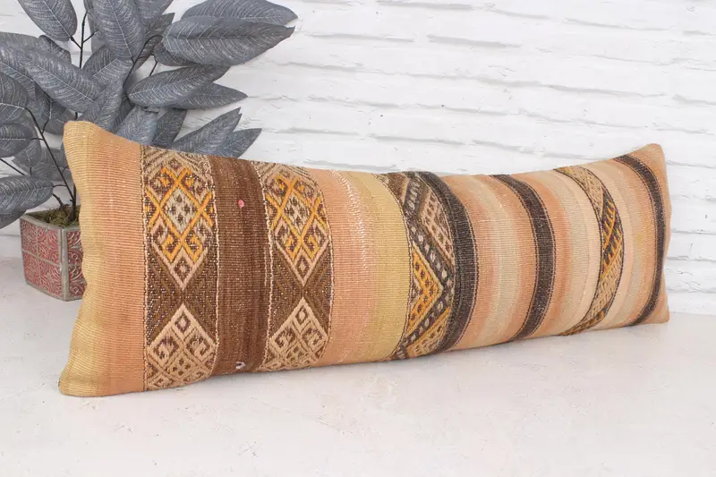 Bed Cushion Case, Vintage Kilim Pillow, Handmade Kilim Cushion, Turkish Kilim Pillow, Oriental Cushion Case, 12x36 Brown Pillow Cover, Pillow Sham - 3