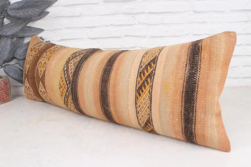 Bed Cushion Case, Vintage Kilim Pillow, Handmade Kilim Cushion, Turkish Kilim Pillow, Oriental Cushion Case, 12x36 Brown Pillow Cover, Pillow Sham - 4