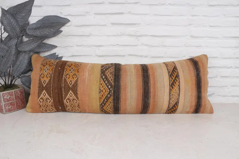 Bed Cushion Case, Vintage Kilim Pillow, Handmade Kilim Cushion, Turkish Kilim Pillow, Oriental Cushion Case, 12x36 Brown Pillow Cover, Pillow Sham - 1