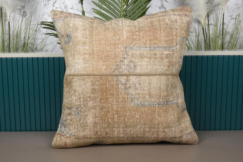 Almohada turca cuadrada, funda de cojín marroquí beige de 24x24 pulgadas - 1