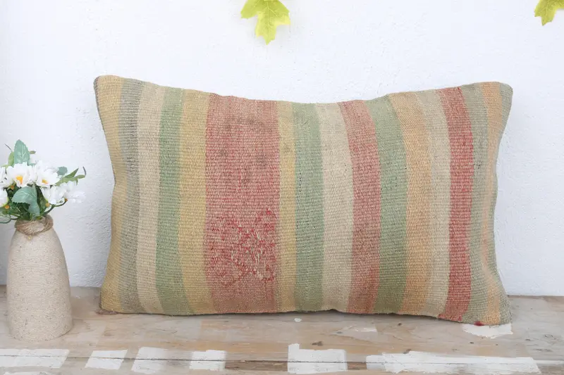 Aesthetic Pillow, 12x20 Green Cushion, Turkish Kilim Pillow, Ethnical Kilim Rug Pillow, Vintage Kilim Pillow, Ikat Cushion, Pillow Case - 2