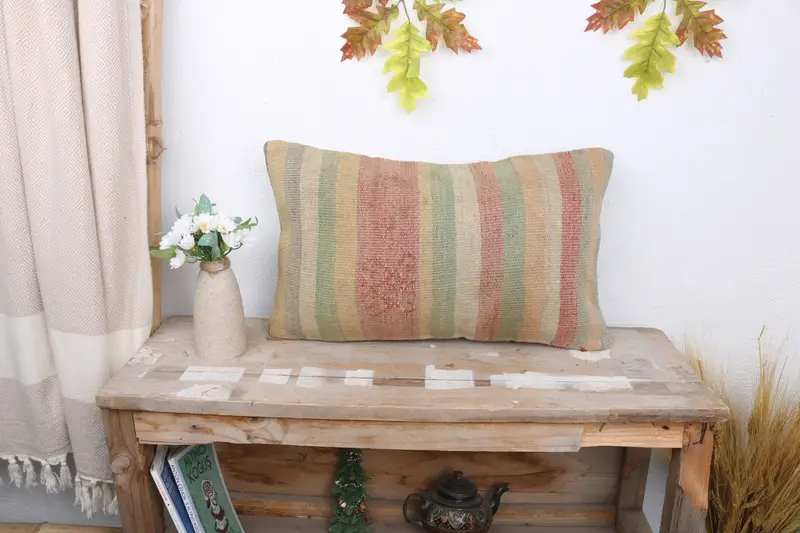 Aesthetic Pillow, 12x20 Green Cushion, Turkish Kilim Pillow, Ethnical Kilim Rug Pillow, Vintage Kilim Pillow, Ikat Cushion, Pillow Case - 1