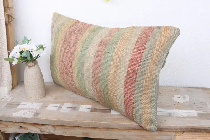 Aesthetic Pillow, 12x20 Green Cushion, Turkish Kilim Pillow, Ethnical Kilim Rug Pillow, Vintage Kilim Pillow, Ikat Cushion, Pillow Case - 4