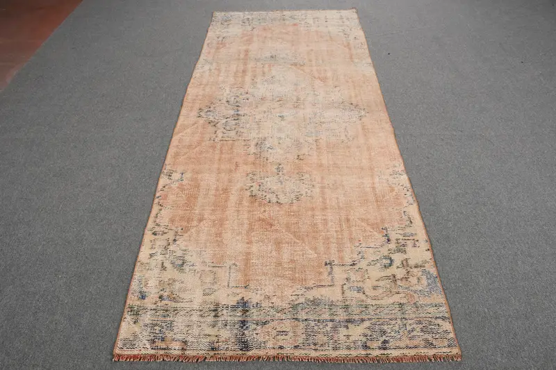 Turkish 3.4x8.8 ft Rug, Oushak Vintage Rug, Brown Ikat Rug Wool - 1