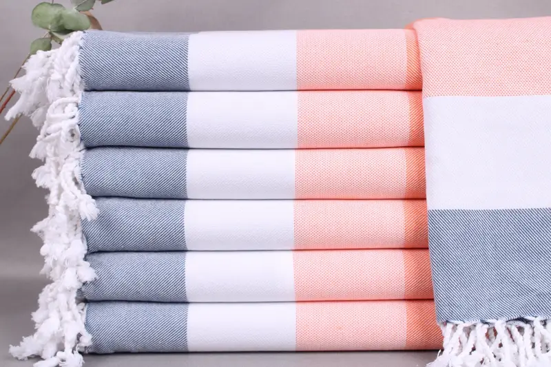 Beach Towel Orange-Gray Stripes, Handmade Turkish Cotton, Personalizable, 40x71 Inches