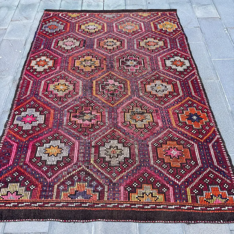 Canlı Turuncu ve Mor Halı, 6,1x8,9 ft Patchwork Tasarım