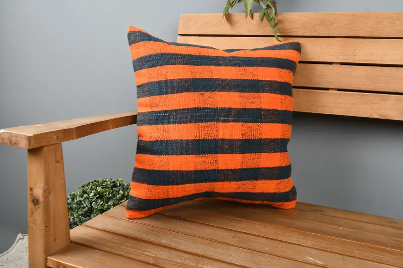 Nautical Throw Pillow, Pillow, Kilim Pillow, Kilim Pillow Cover, Turkish Kilim Pillow, Patio Pillow, 16x16 Orange Pillow Sham, Ethnic Pillow - 1