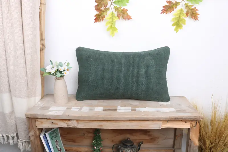 Vintage Throw Pillow Sham, Cushion, Kilim Pillow, Floor Pillow, Gift Pillow, 12x20 Green Pillow Cover, Throw Kilim Pillow - 1