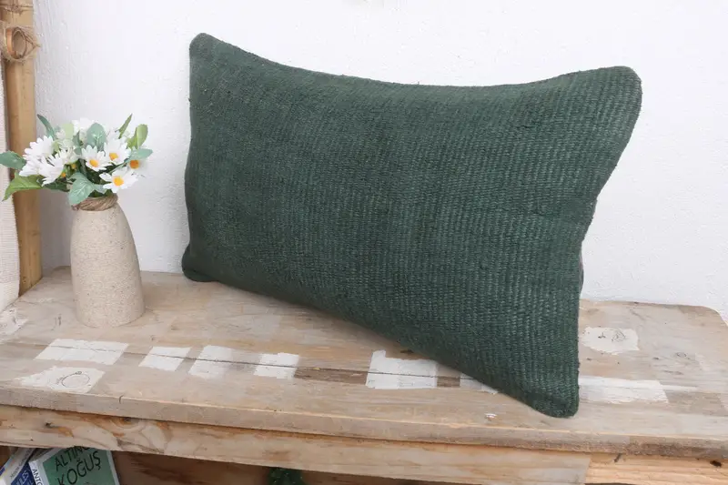 Vintage Throw Pillow Sham, Cushion, Kilim Pillow, Floor Pillow, Gift Pillow, 12x20 Green Pillow Cover, Throw Kilim Pillow - 4