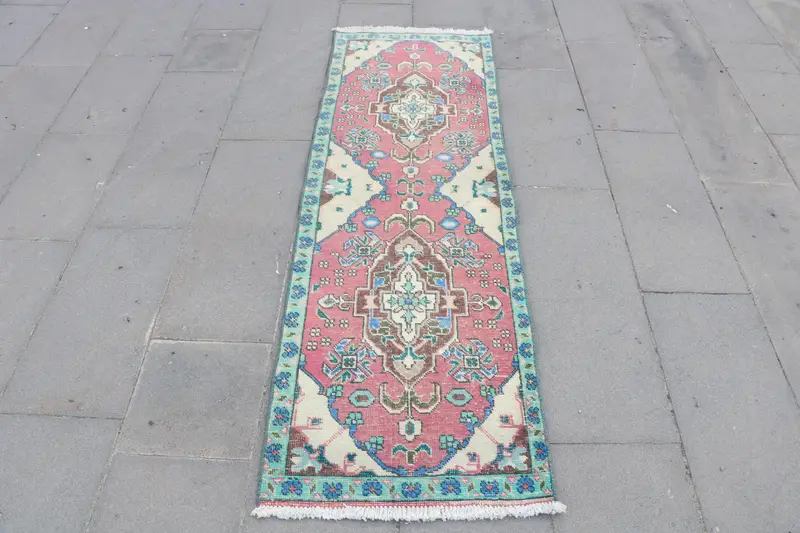 Vintage Oushak Runner Rug 2x6.2 ft (60x188 cm), Turkish Red Ombré Rug - 1