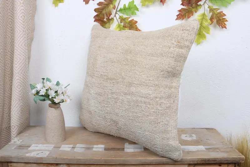 Pillow Sham, Handmade Kilim Cushion, Handmade Rug Seat Pillow Sham, Pillow for Couch, 18x18 Beige Pillow Sham, Kilim Pillow Cover - 4