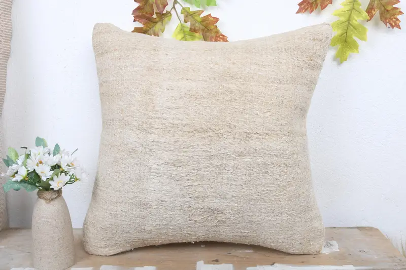 Pillow Sham, Handmade Kilim Cushion, Handmade Rug Seat Pillow Sham, Pillow for Couch, 18x18 Beige Pillow Sham, Kilim Pillow Cover - 2