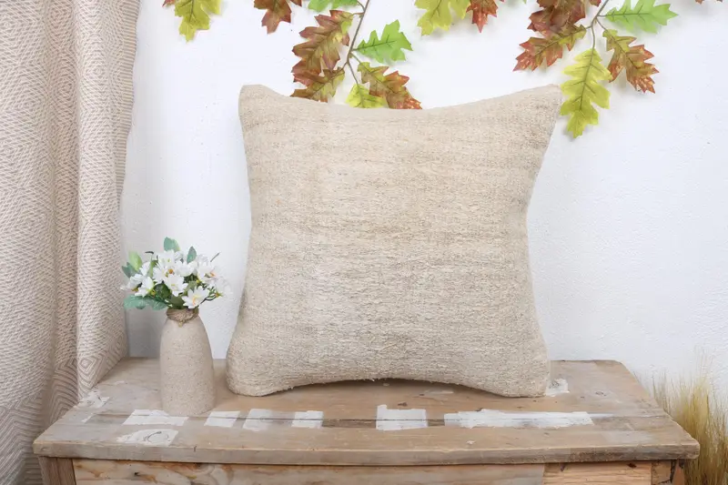 Pillow Sham, Handmade Kilim Cushion, Handmade Rug Seat Pillow Sham, Pillow for Couch, 18x18 Beige Pillow Sham, Kilim Pillow Cover - 1