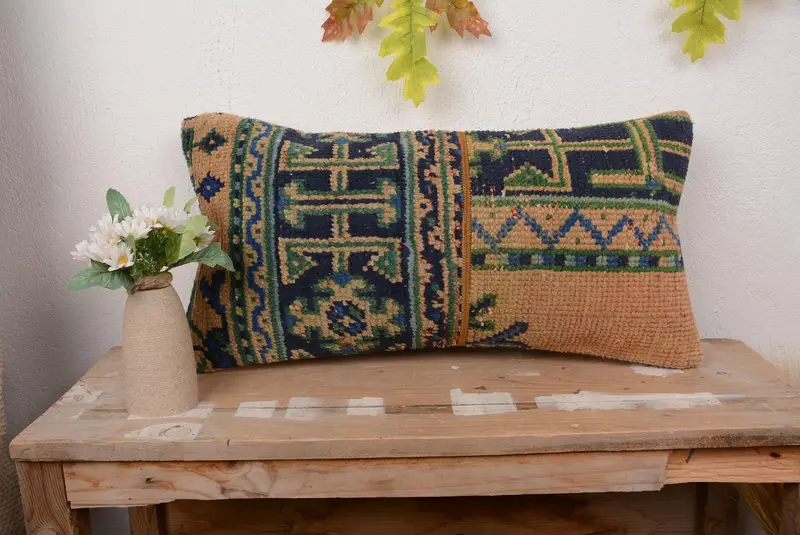 Blue & Orange Patchwork Throw Pillow, Handmade Embroidered Cushion