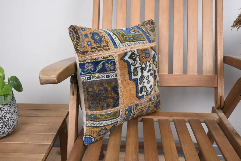 Kilim Pillow, Crochet Pattern Cushion, Interior Designer Pillow, Pillow, Turkish Pillow, 14x14 Brown Pillow Sham, Pastel Pillow Case - 2