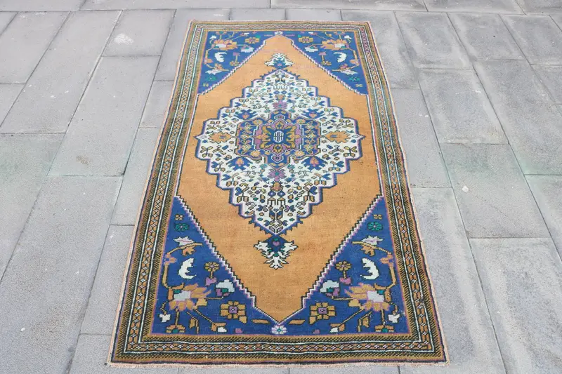 3.2x5.8 ft Rug, Vintage Turkish Rug, Blue Brown Oriental Wool Rug - 1