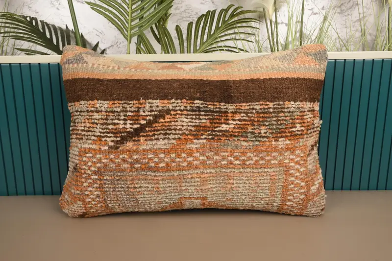 Throw Antique Wool Cushion Cover, 16x24 inch FloorBrown Striped Pillow Cover - 1