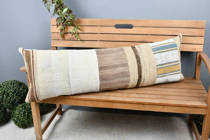 Turkish Pillow, 16x48 Beige Pillow Sham, Vintage Kilim Pillow, Bed Pillow Cover, Throw Kilim Pillow, Cushion Case, Cotton Pillow Sham - 1