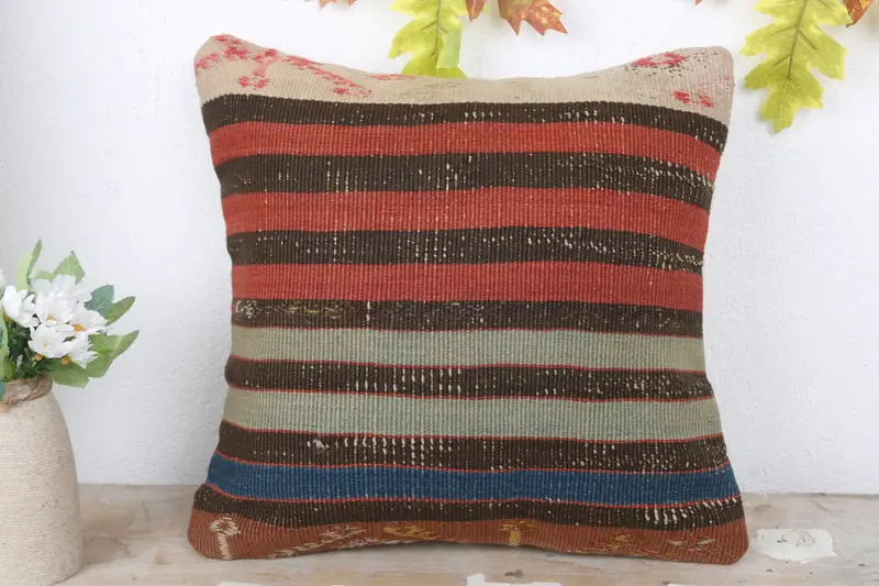 Interior Designer Pillow, Vintage Kilim Pillow, Cotton Cushion Cover, 16x16 Red Pillow Sham, Ethnical Kilim Rug Pillow, Tribal Cushion, Cushion Case - 2