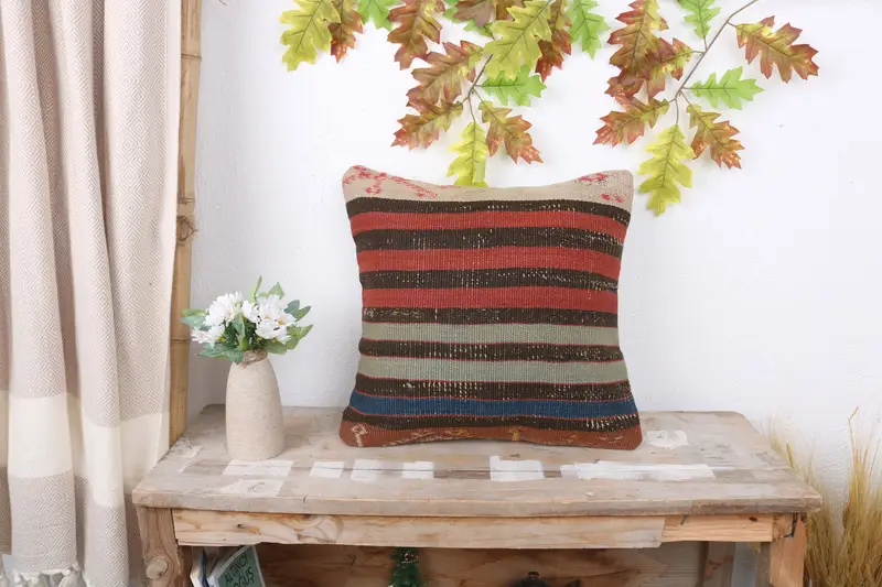 Interior Designer Pillow, Vintage Kilim Pillow, Cotton Cushion Cover, 16x16 Red Pillow Sham, Ethnical Kilim Rug Pillow, Tribal Cushion, Cushion Case - 1