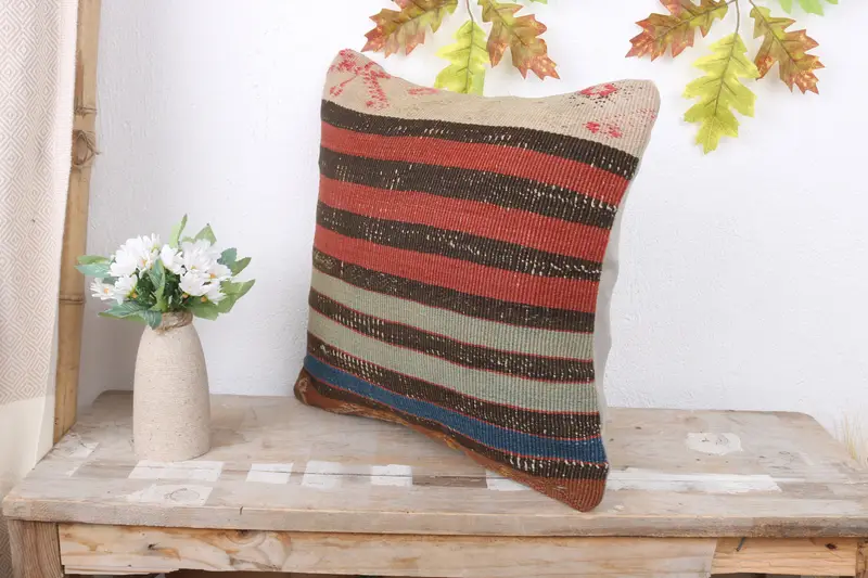 Interior Designer Pillow, Vintage Kilim Pillow, Cotton Cushion Cover, 16x16 Red Pillow Sham, Ethnical Kilim Rug Pillow, Tribal Cushion, Cushion Case - 4
