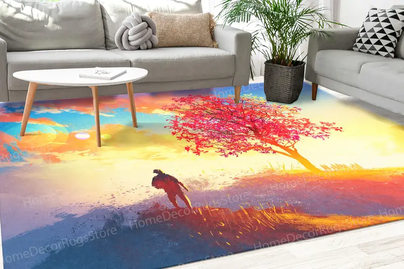 サンライズ ツリー プリント ラグ: モダンで活気に満ちた、自然からインスピレーションを得た装飾
