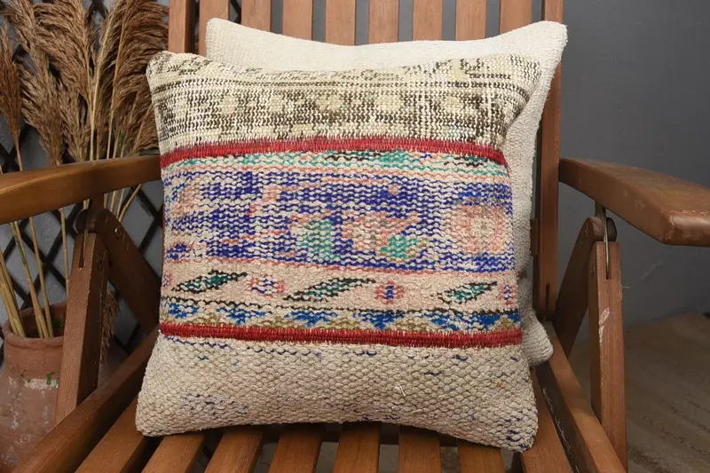 14x14 Blue Cushion Cover, Christmas Cushion, Handmade Kilim Cushion, Pillow Sham, Toss Pillow Sham, Gift Pillow, Turkish Pillow - 3