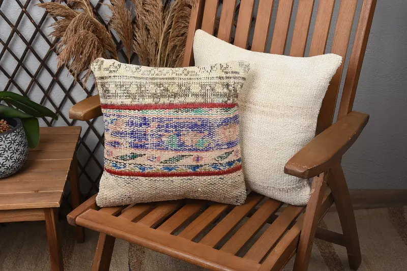 14x14 Blue Cushion Cover, Christmas Cushion, Handmade Kilim Cushion, Pillow Sham, Toss Pillow Sham, Gift Pillow, Turkish Pillow - 1