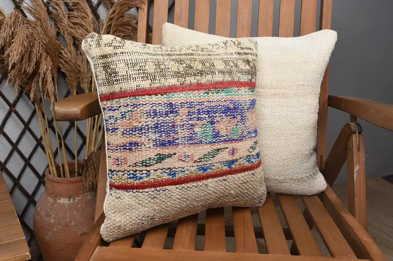 14x14 Blue Cushion Cover, Christmas Cushion, Handmade Kilim Cushion, Pillow Sham, Toss Pillow Sham, Gift Pillow, Turkish Pillow - 2