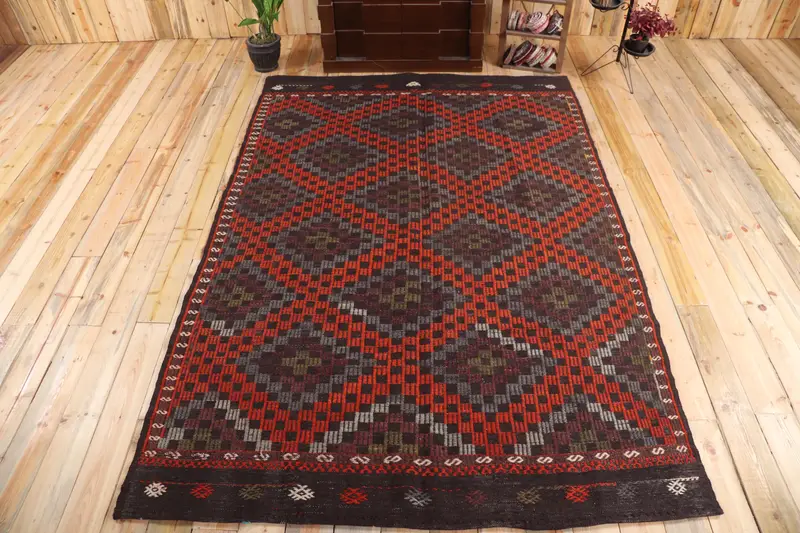 Turkish Vintage Kilim Rug 6.1x9.1 ft, Red Large Southwestern Wool Rug - 1