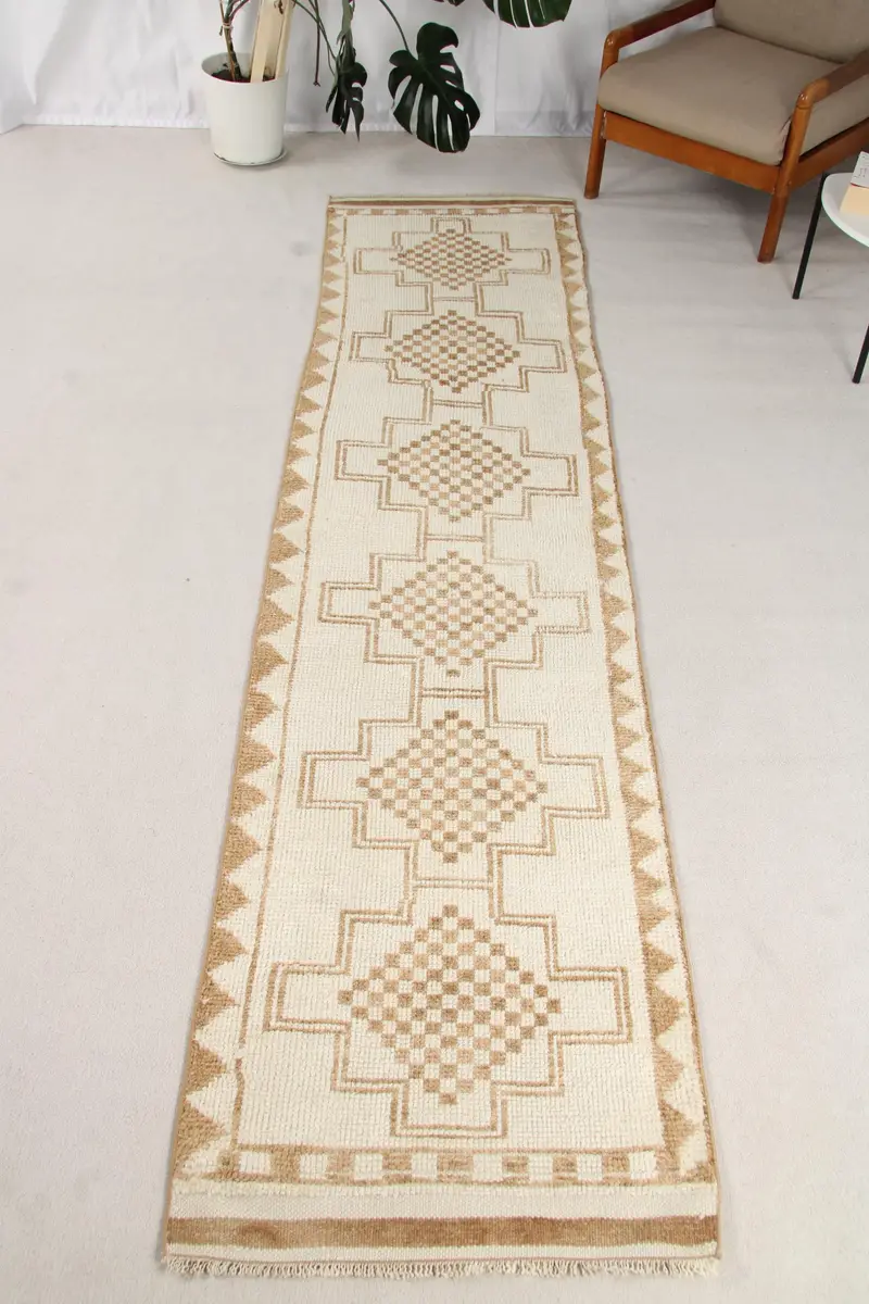 Türk Herki Halı 2.5x10.7 ft, Bej Kahverengi Hayvan Baskı Yün Vintage Halı - 1