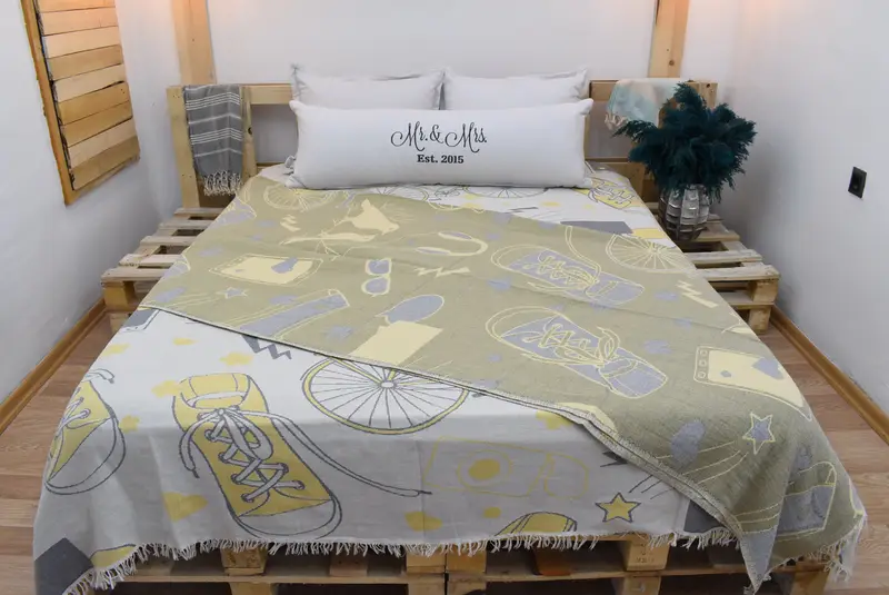 96x80 Cotton Bicycle Pattern Towel, Throw Blanket, Wedding For Favor, Turkish Cotton Throw Blanket, Boho Throw Blankets, Monogram Blanket - 7