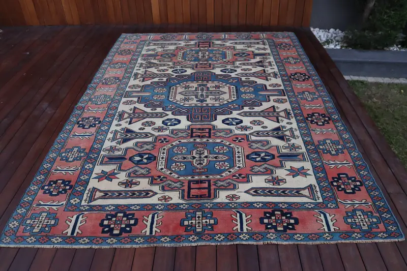 Turkish Vintage Rug, 6.46x9.1 ft Large Rug, Red Blue Ikat Wool Rug - 1