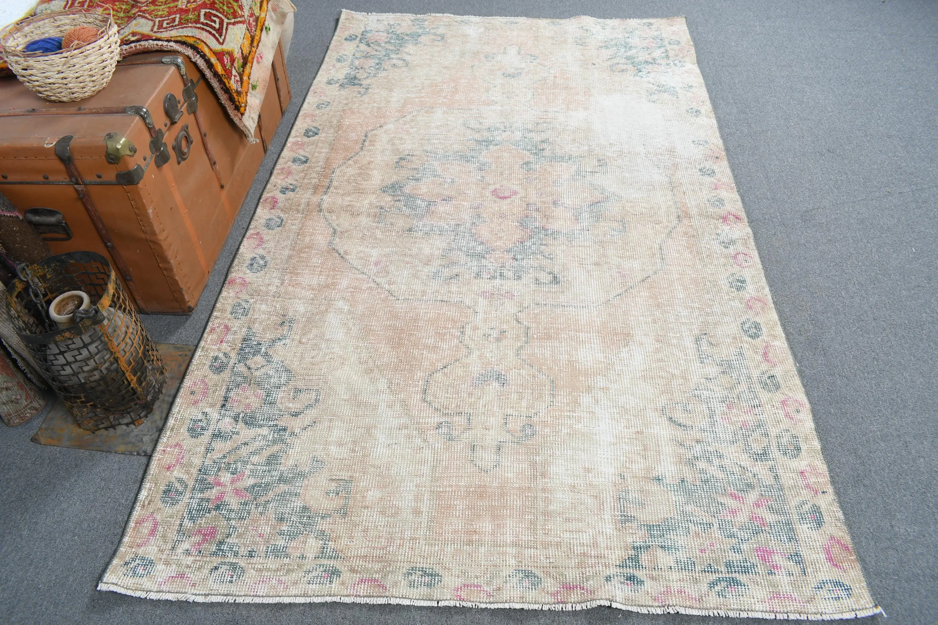 Turkish 4.5x7.3 ft Rug, Area Vintage Rug, Beige Blue Animal Print Rug - 1