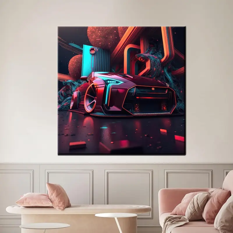 未来的なグリット: ネオンの夢と抽象的な車をプリントしたキャンバス