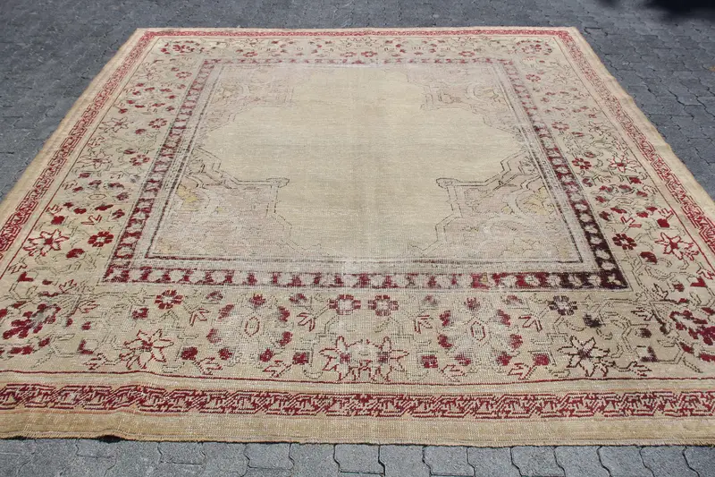 Turkish 9.2x9.6 ft Rug, Oushak Vintage Rug, Red Solid Rug Wool - 1