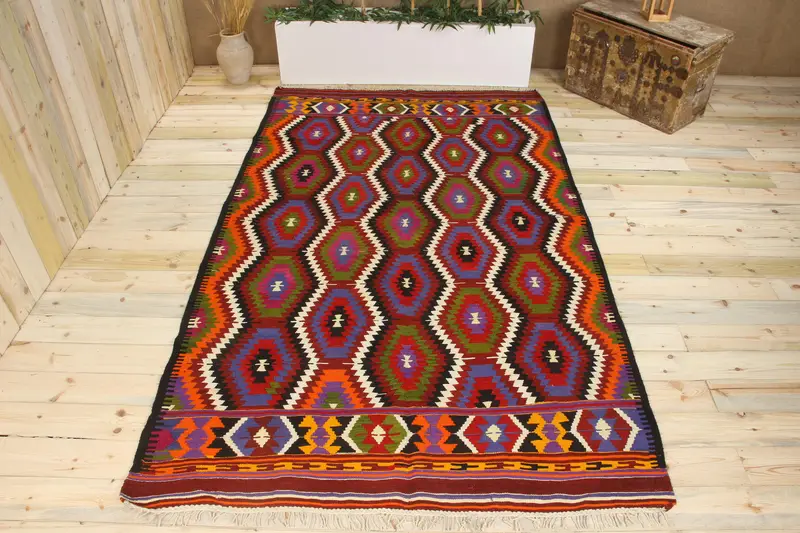 手作りのレッド&ブルーペルシャ絨毯、0.5x9.5フィート