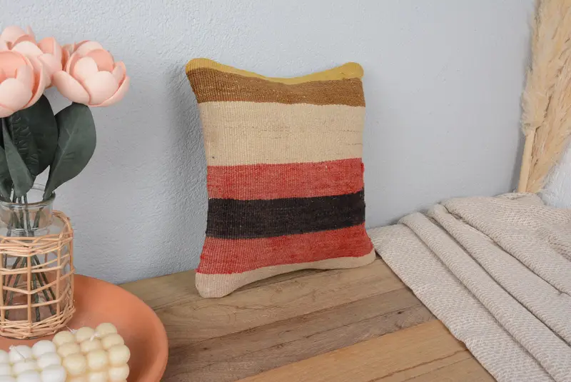 Rot & Beige gestreiftes Wurfkissen, 12x12 besticktes Kissen