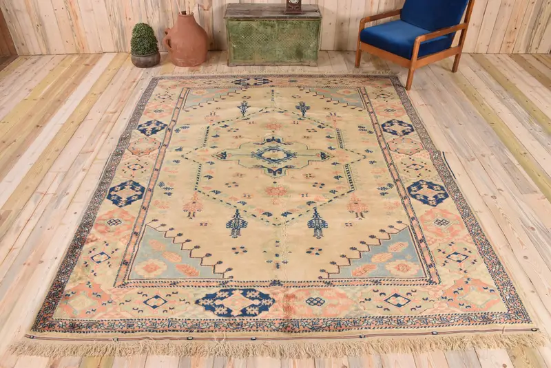 Zarif Bej ve Mavi Halı, 7,7x9,5 ft Soyut Tasarım