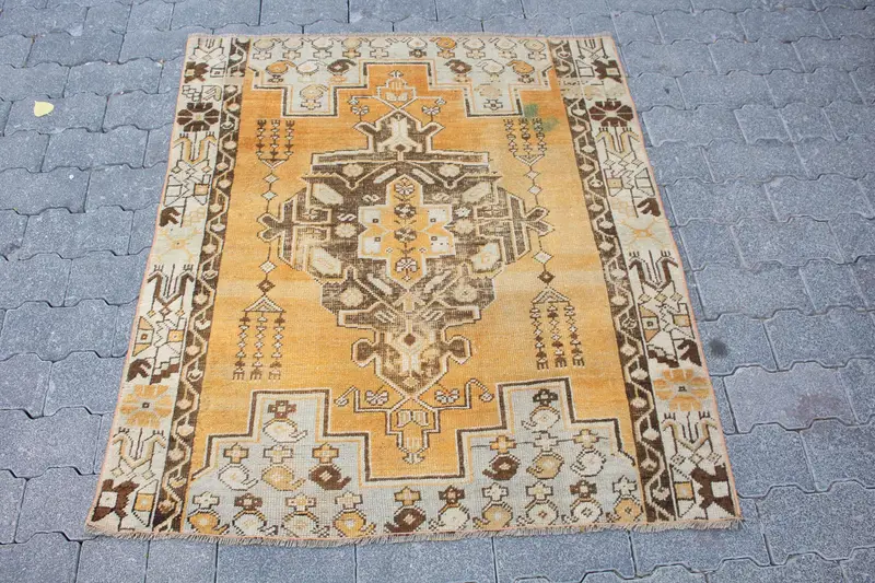 Turkish Vintage Oushak Small Rug 3.2x3.8 ft, Yellow Ombré Rug Wool - 1