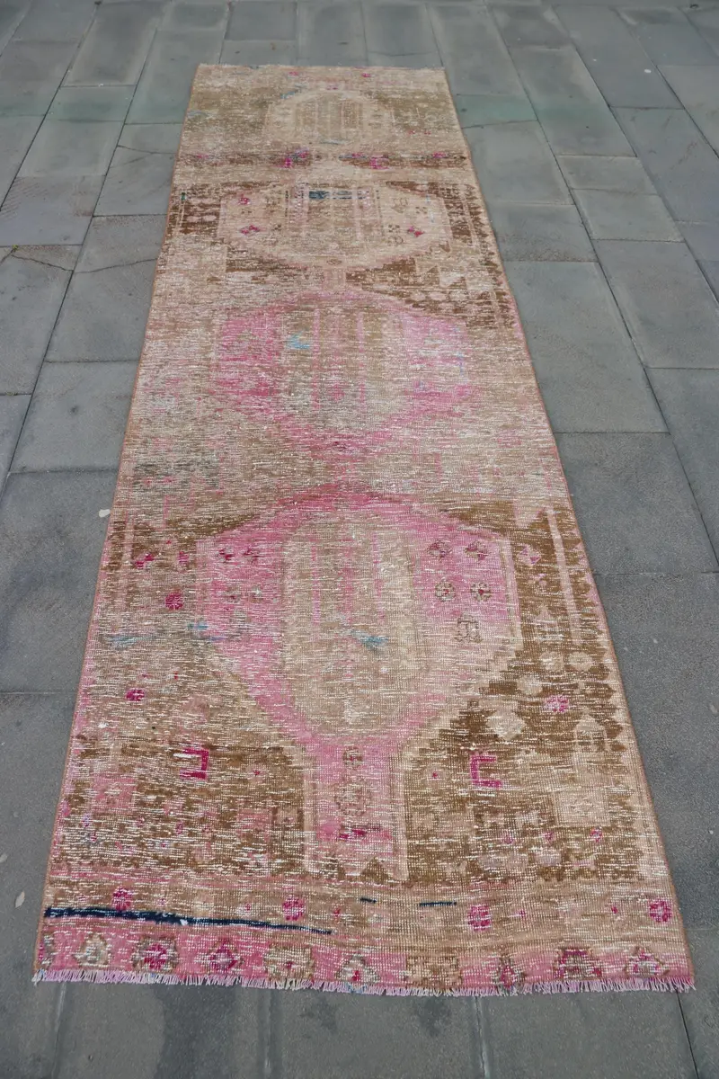 3.3x10.6 ft Vintage Halı, Türk Yolluk Halısı, Pembe Kahverengi Oryantal Yün Halı - 1