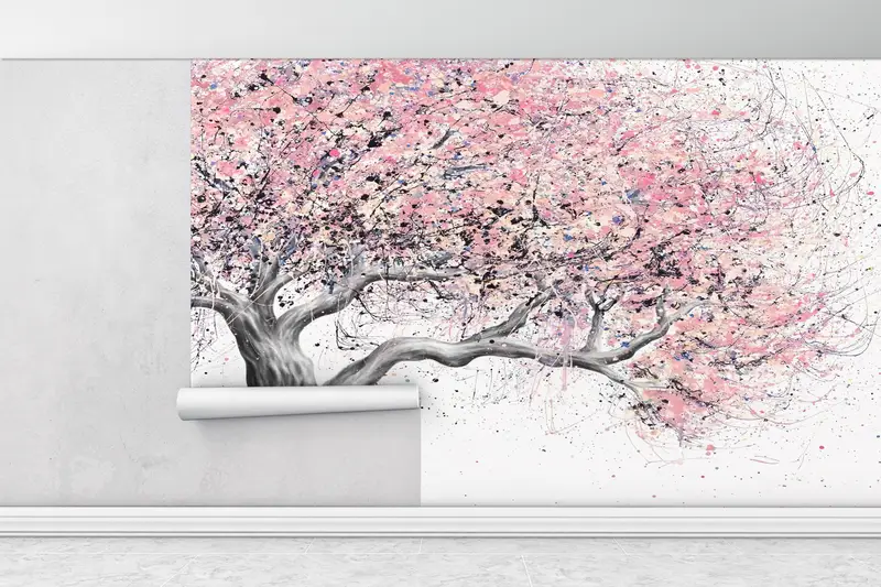 Pink Tree Painting Print,3d Wall Paper,Custom Wall Paper,Wall Paper Peel and Stick,Pink Leaves Wall Paper,Modern Tree Wall Decor, - 5