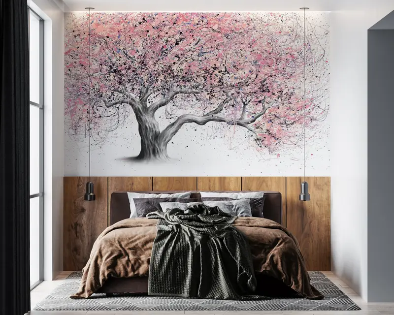 Pink Tree Painting Print,3d Wall Paper,Custom Wall Paper,Wall Paper Peel and Stick,Pink Leaves Wall Paper,Modern Tree Wall Decor, - 6